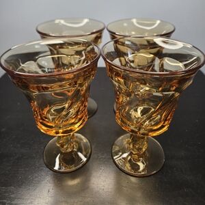 4 Vintage Fostoria Jamestown Swirl Honey Amber Colored Water/Wine Goblets